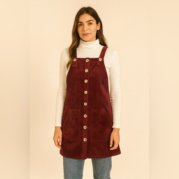 Forever 21 Dresses & Skirts - Forever 21 Burgundy Corduroy Overall Dress Pinafore Jumper Button Front Size S